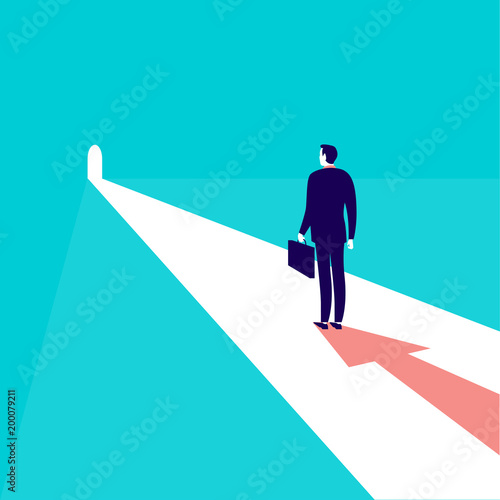 Vector business concept illustration with businessman in dark suit with case standing in door light with arrow shadow, aim and exit, perspective, purpose metaphor. Blue background.