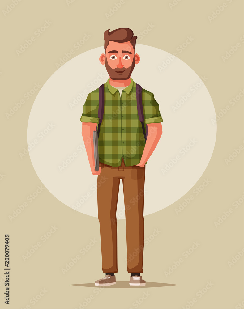 Happy young man with a laptop. Student, trainee or employee. Cartoon vector illustration Happy young man with a laptop. Student, trainee or employee. Cartoon vector illustration