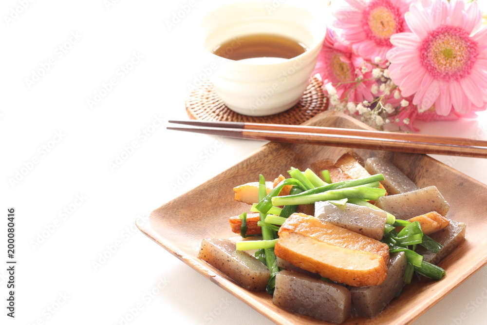 Japanese food, fish cake and konjac stir fried with leek Japanese food, fish cake and konjac stir fried with leek