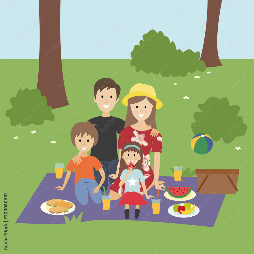 Happy family having a picnic in park, illustration Happy family having a picnic in park, illustration