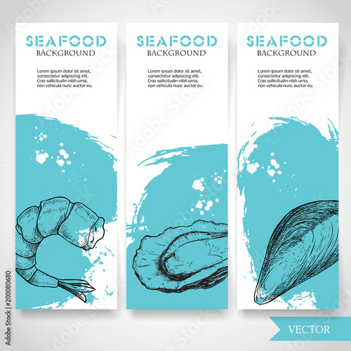 Seafood banner with watercolor blue background and hand drawn food. Sketch prepared shrimp, oyster and mussel shell. restaurant and fish market template. Vector illustration.