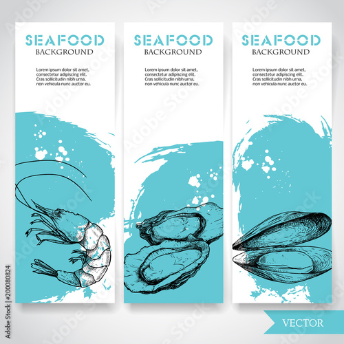Seafood banner with watercolor blue background and hand drawn food. Sketch prepared shrimp, oysters and mussel shell. Restaurant and fish market template. Vector illustration.