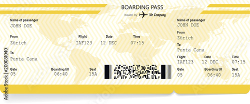 Yellow pattern of airline boarding pass to plane for travel journey. Vector illustration