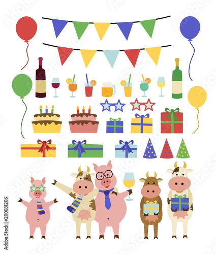Colorful funny birthday party set, illustration with animals, presents, drinks 
