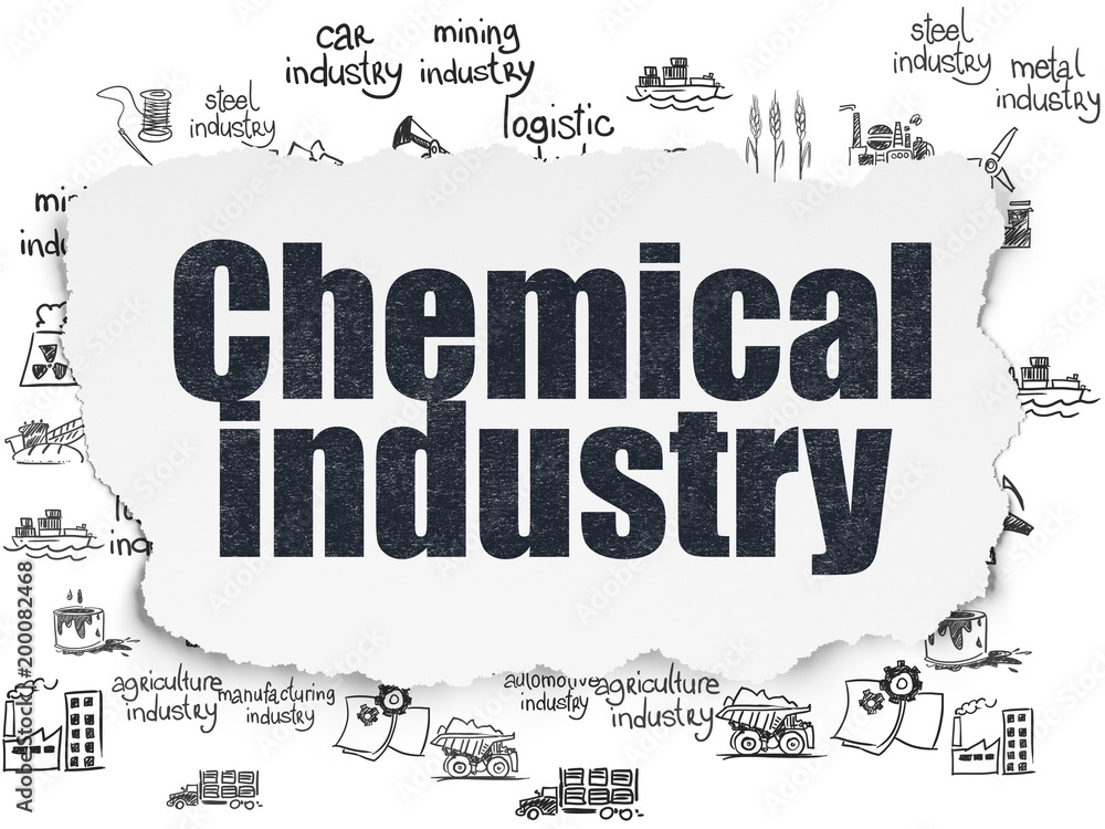 Manufacuring concept: Painted black text Chemical Industry on Torn Paper background with  Hand Drawn Industry Icons