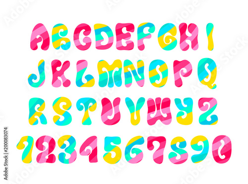 Psychedelic font with colorful pattern. Vintage hippie alphabet on white.