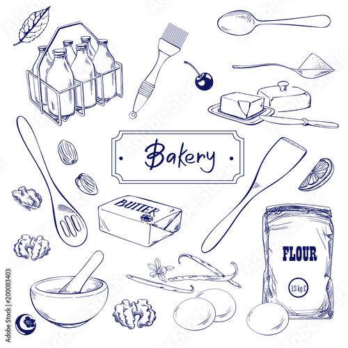 Hand drawn sketch with bread, pastry, sweet. Bakery set vector illustration.