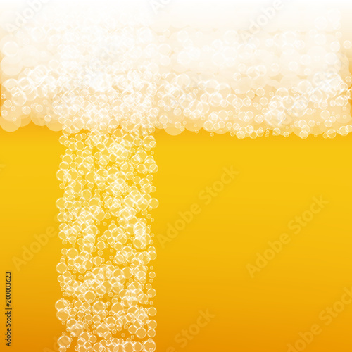 Beer background with realistic bubbles. Cool beverage for restaurant menu design, banners and flyers. Yellow square beer background with white frothy foam. Fresh cup of lager for brewery design.
