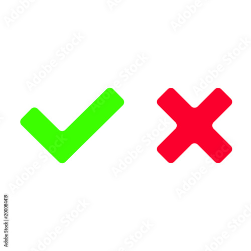 Check mark icon signs vector illustration. Yes or no, right and wrong flat design version of check mark buttons. Red cross mark and tick check mark contour isolated on white background.