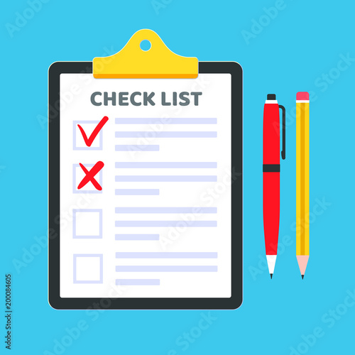 Clipboard with check list claim form on it, paper sheets, check marks tick OK and crosses X in the checkbox on the list, red pen isolated on light blue background flat style design vector illustration