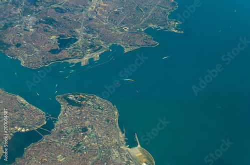 Aerial shooting from an airplane flying over the ground Turkey Istanbul Marmara Sea is a city of European and Asian parts, a stadium