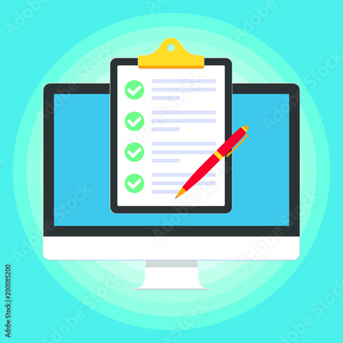 Monitor or All in one pc flat design with clipboard and check marks tick  popped above the screen icon signs vector illustration. Technology concept of online survey isolated on blue background.