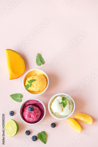 Various fruit and berries ice creams
