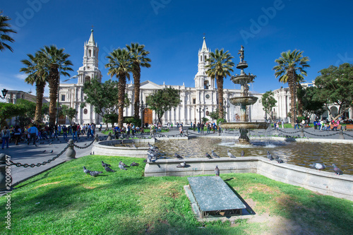 AREQUIPA PERU NOVEMBER 9: Main square of Arequipa with church on november 9 2015 in Arequipa Peru. Arequipa's Plaza de Armas is one of the most beautiful in Peru.