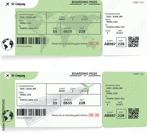 Two variants of airline boarding pass tickets on white background. Green colors. Vector illustration.