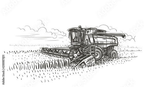 Combine harvester working sketch illustration. Vector. photo
