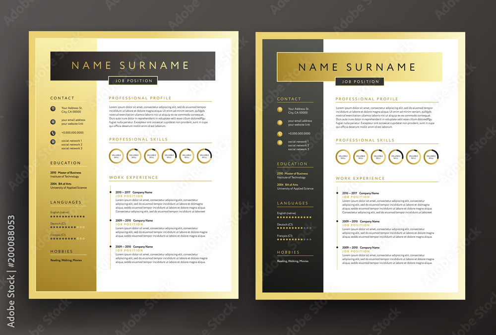 gebed baan Federaal Expert CV / resume template in black and gold colors - professional curriculum  vitae vector design Stock Vector | Adobe Stock