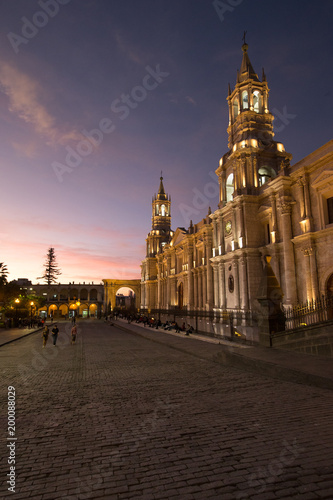 AREQUIPA PERU NOVEMBER 9: Main square of Arequipa with church on november 9 2015 in Arequipa Peru. Arequipa's Plaza de Armas is one of the most beautiful in Peru.