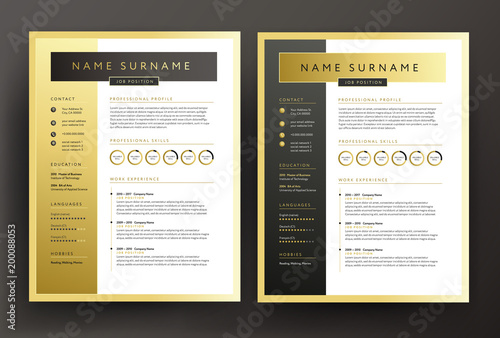 Expert CV / resume template in black and gold colors - professional curriculum vitae vector design