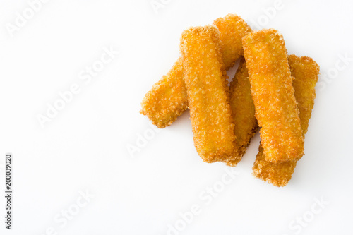crispy fried fish fingers isolated on white background. Top view. Copyspace