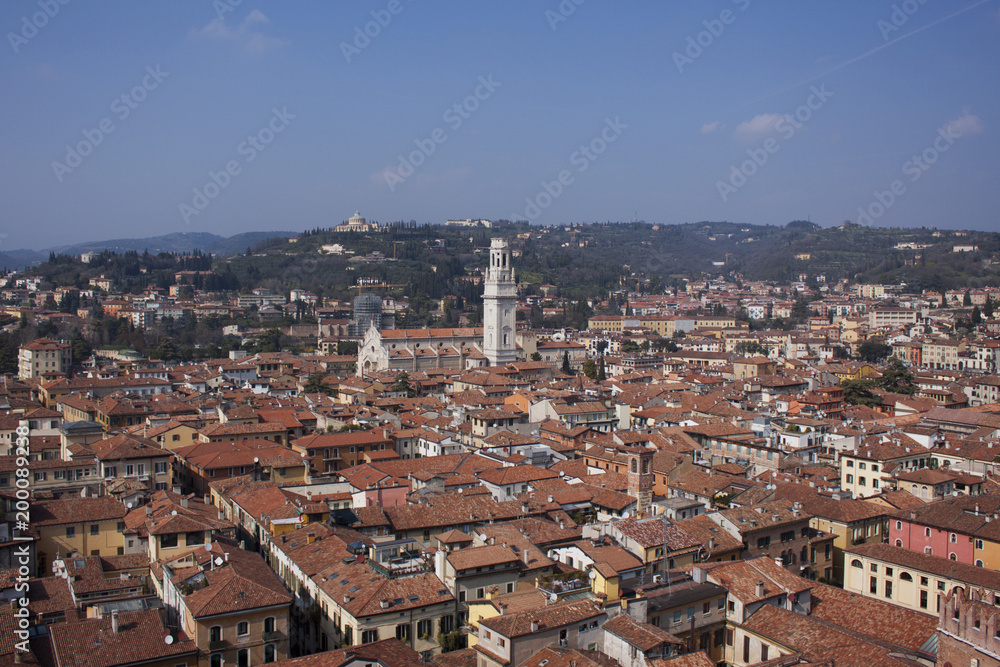 City of Verona aerial view from Lamberti tower, rooftops of old town, Veneto region of Italy