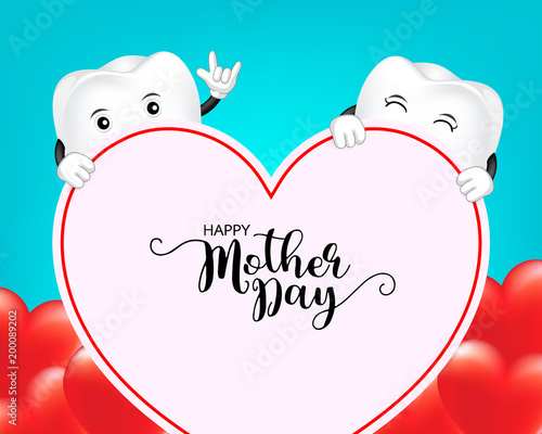 Cute cartoon tooth character with heart shape. Mother day banner background template with red heart  Illustration on blue  background.