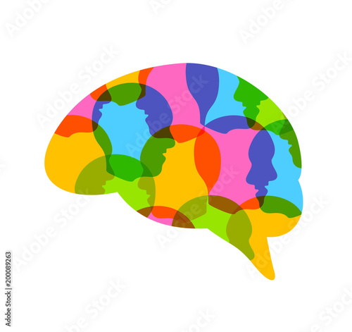Colorful  head of people in human brain shape. Creative idea symbol. Icon design, illustration isolated on white background.