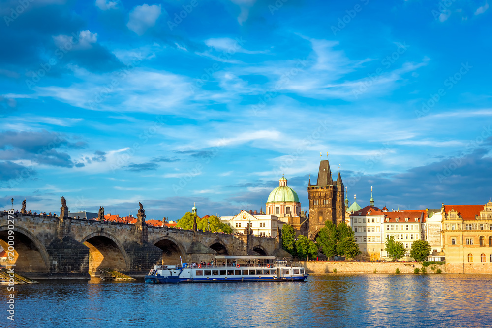 Prague Old Town skyline and Charles Bridge. Czech Republic