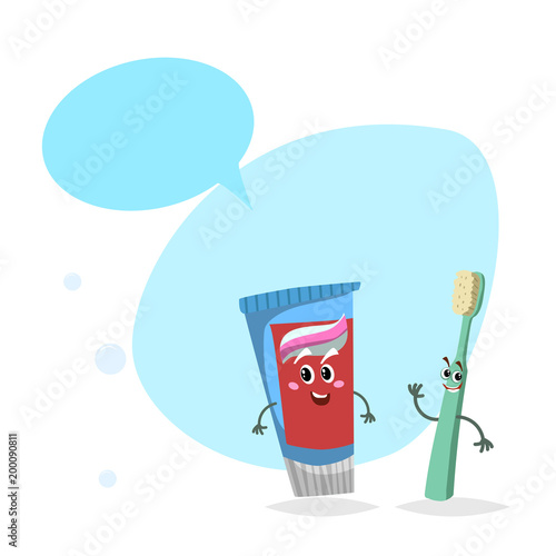 Cartoon toothpaste tube and toothbrush smiling mascots.Hygiene and dental care characters with dummy speech bubble. Vector illustration.