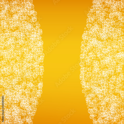 Beer background with realistic bubbles. Cool beverage for restaurant menu design, banners and flyers. Yellow square beer background with white frothy foam. Cold pint of golden lager or ale.