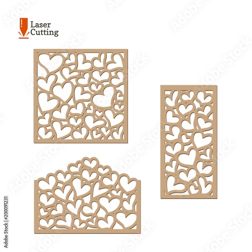 Laser cut panels set. Vector collections frame templates with hearts for cut on laser machine. Art silhouette design. Vector card illustration for design of valentines, invitation, love gift