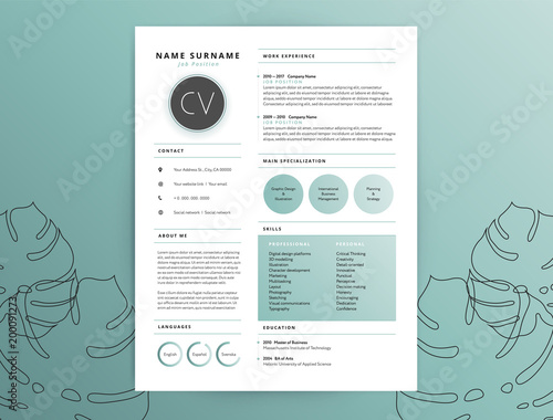 Elegant resume / CV template design - nature feel green color - vector mockup 