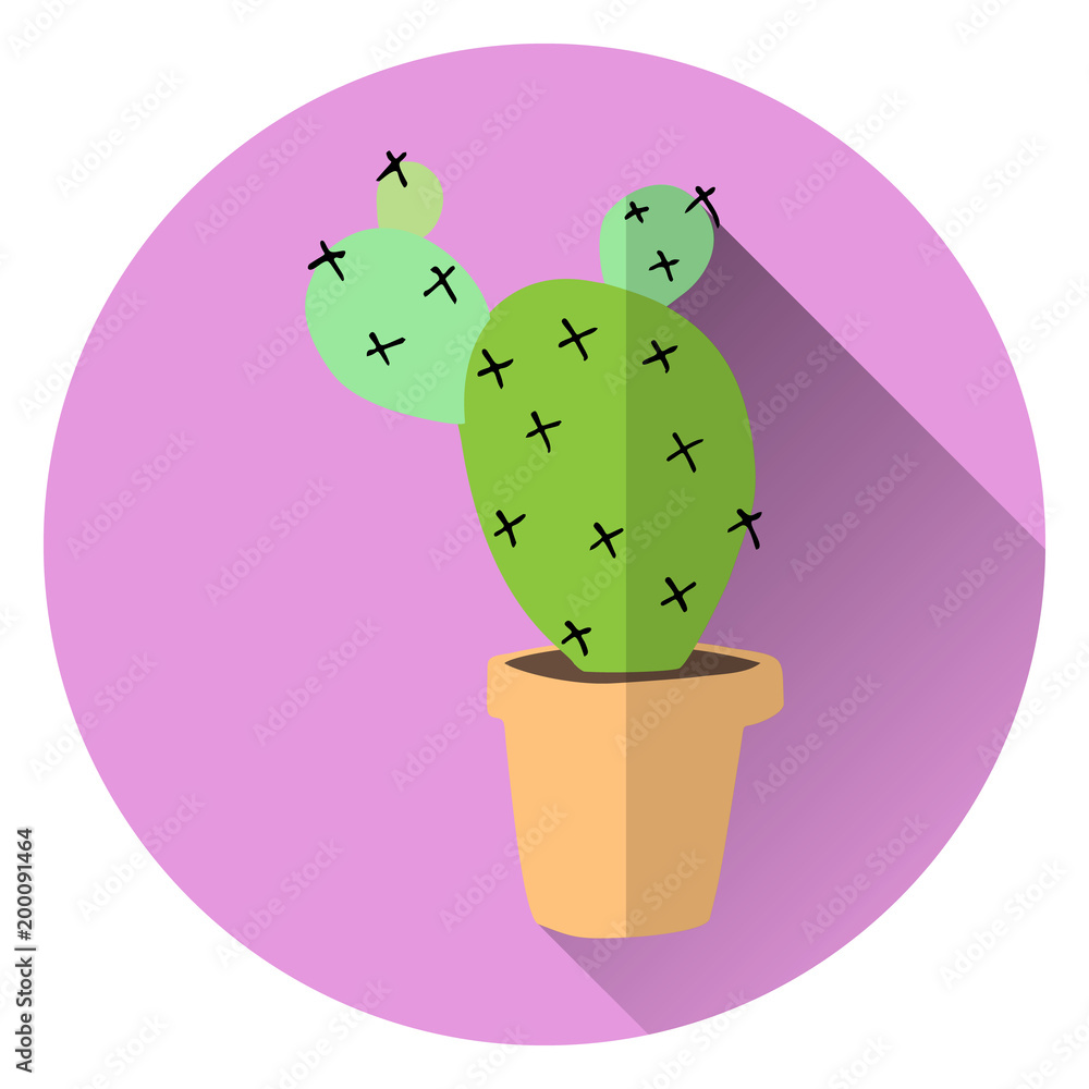flat vector illustration of home green cactus in brown clay pot with long transparent shadow on lilac color background flat vector illustration of home green cactus in brown clay pot with long transparent shadow on lilac color background
