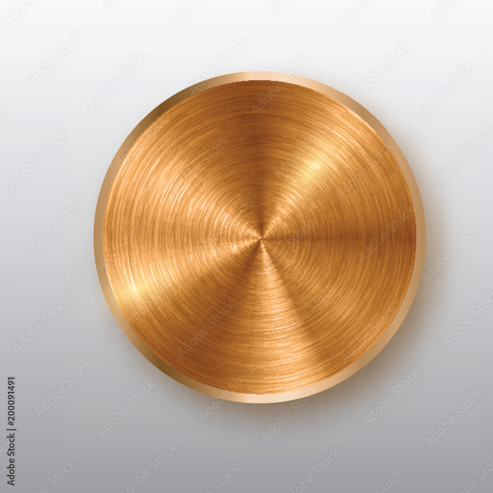 Bronze metal button with texture, realistic shadow and light background