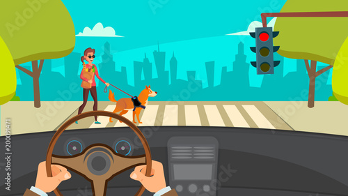Hands Driving Car Vector. Highway. Inside A Car. Flat Illustration