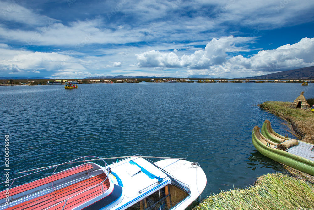 Totora boat on the Titicaca lake near Puno, Peru Totora boat on the Titicaca lake near Puno, Peru