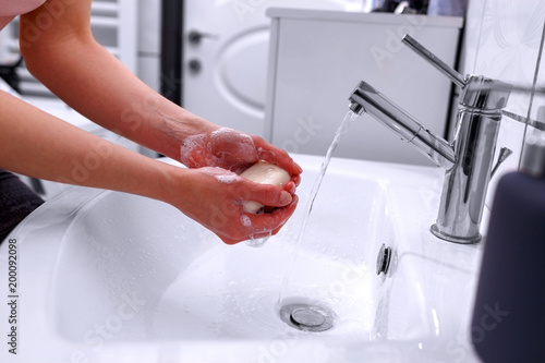 Soapy hand cleaning and hygiene. Hand washing..