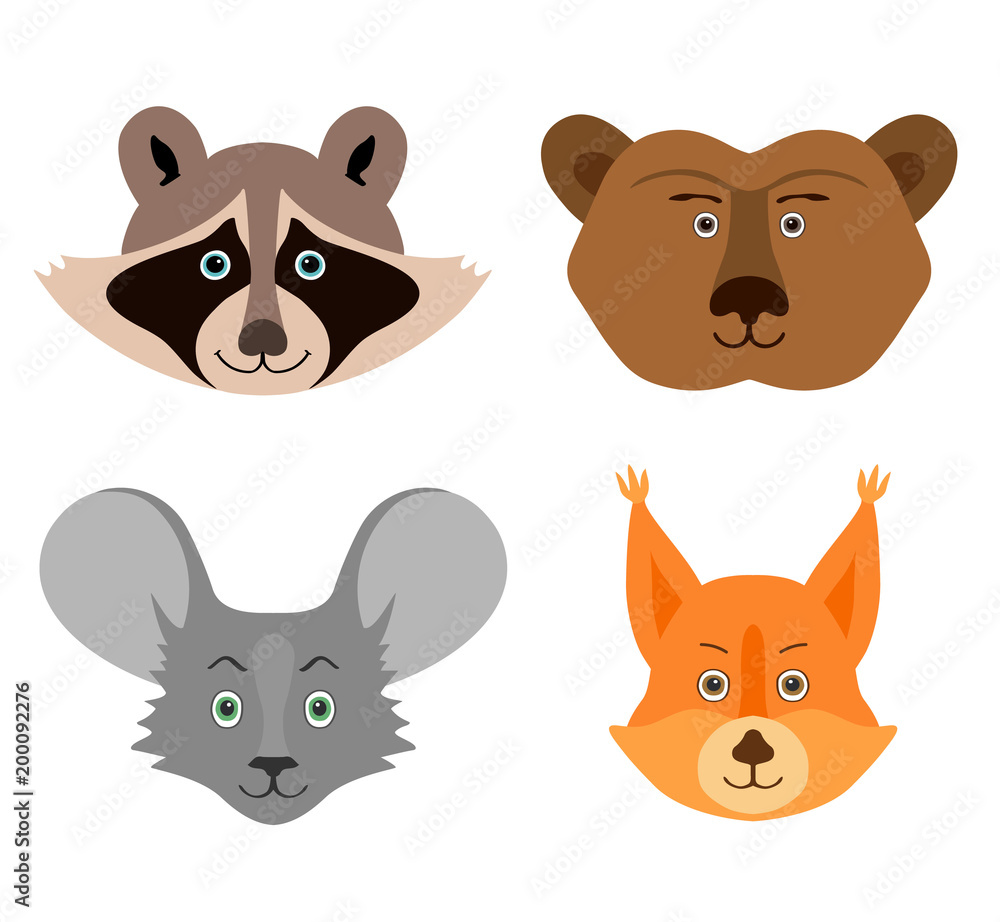 A set of animals' muzzles. Vector. Faces of forest animals in cartoon style. Cute characters.