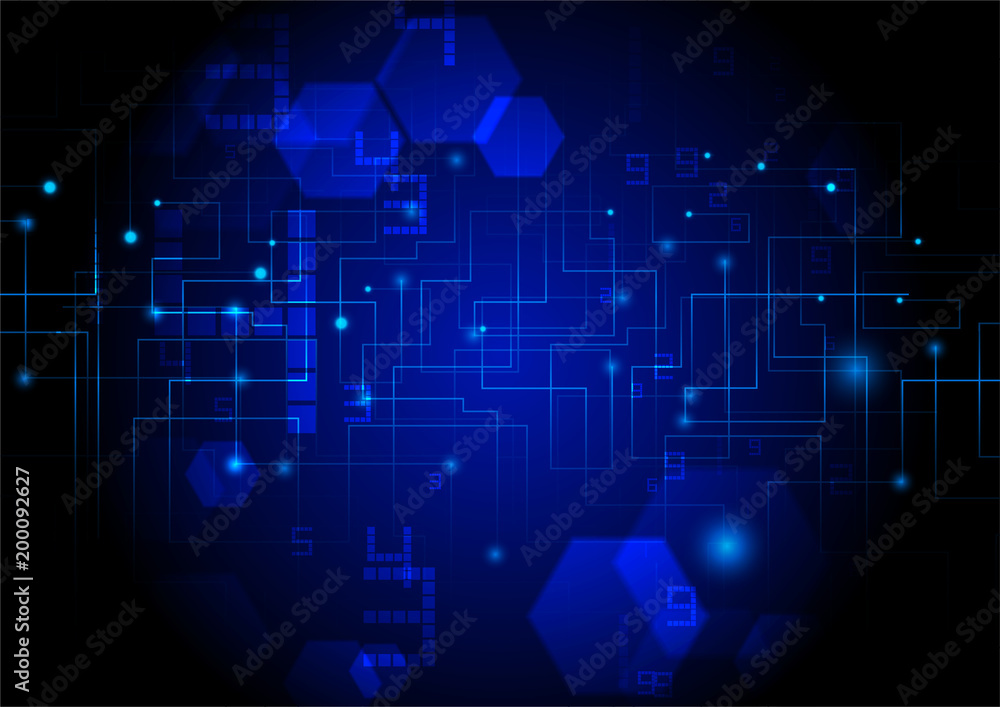 Circuit lines with digits and floating hexagon shapes on dark blue background. vector technology concept