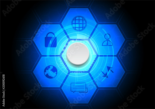 Futuristic background. Seven hexagons with six icons and a button in the middle