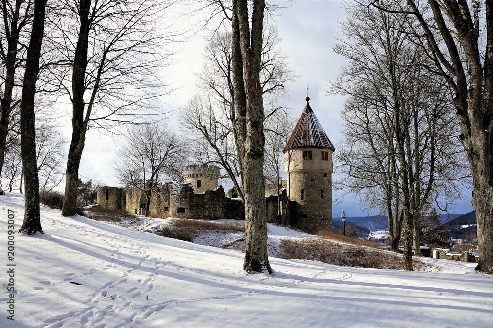 Ruine Burg Honburg auf dem Berg Honberg in Tuttlingen in Süddeutschland in Europa im Winter am Weihnachten
