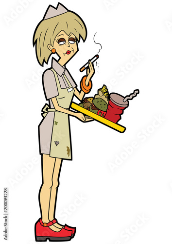 Unkempt waitress with a tray/ Illustration an impudent waitress woman with a cigarette. She holds spoiled bad food