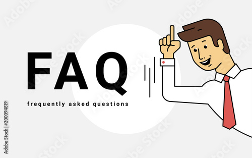 Frequently asked questions concept vector illustration of young smiling man gesturing hands to letters faq. Flat business expert giving great idea or solution on gray background
