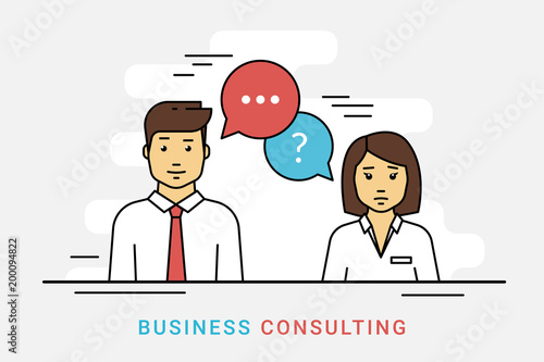Business consulting and corporate solution. Flat line vector contour illustration of business woman and consultant with question and idea speech bubbles on gray. Financial support and expert advice