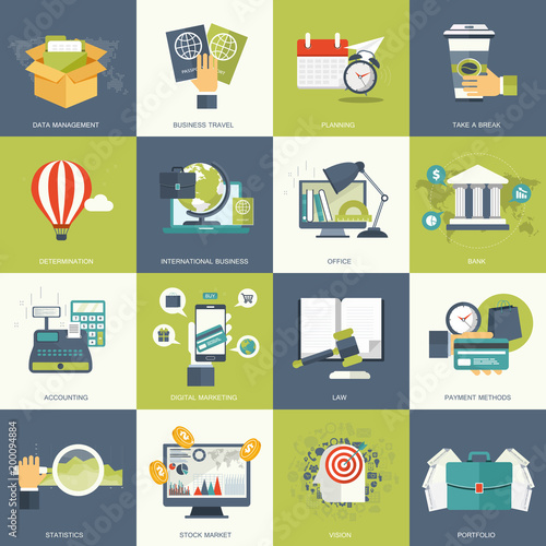 Business and technology icon set for websites and mobile applications. Flat vector illustration