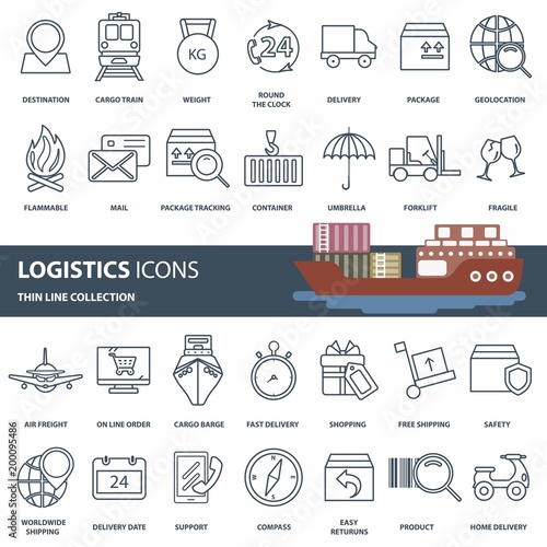 Logistics, product transportation and delivery icon set. Outline web icon set. Flat vector illustration