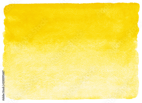 Yellow watercolor horizontal gradient fill with rough, uneven edges. Watercolour stains background. Abstract painted template with paper texture.