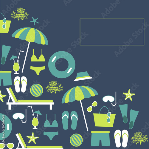 Summer vacation. Beach umbrella, starfish, flip flops, sunglasses. Vector background