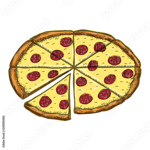 Vector vintage pizza drawing. Hand drawn color fast food illustration.