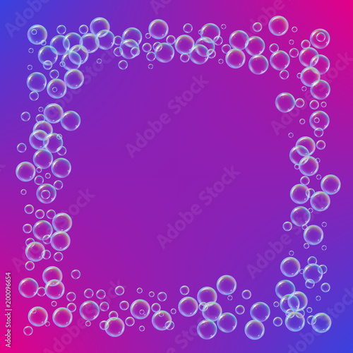 Bath foam on gradient background. Realistic water bubbles 3d. Cool rainbow colored liquid with shampoo bubbles. Cosmetic flyer and invite. Bath foam for bathroom and shower. Vector EPS10.